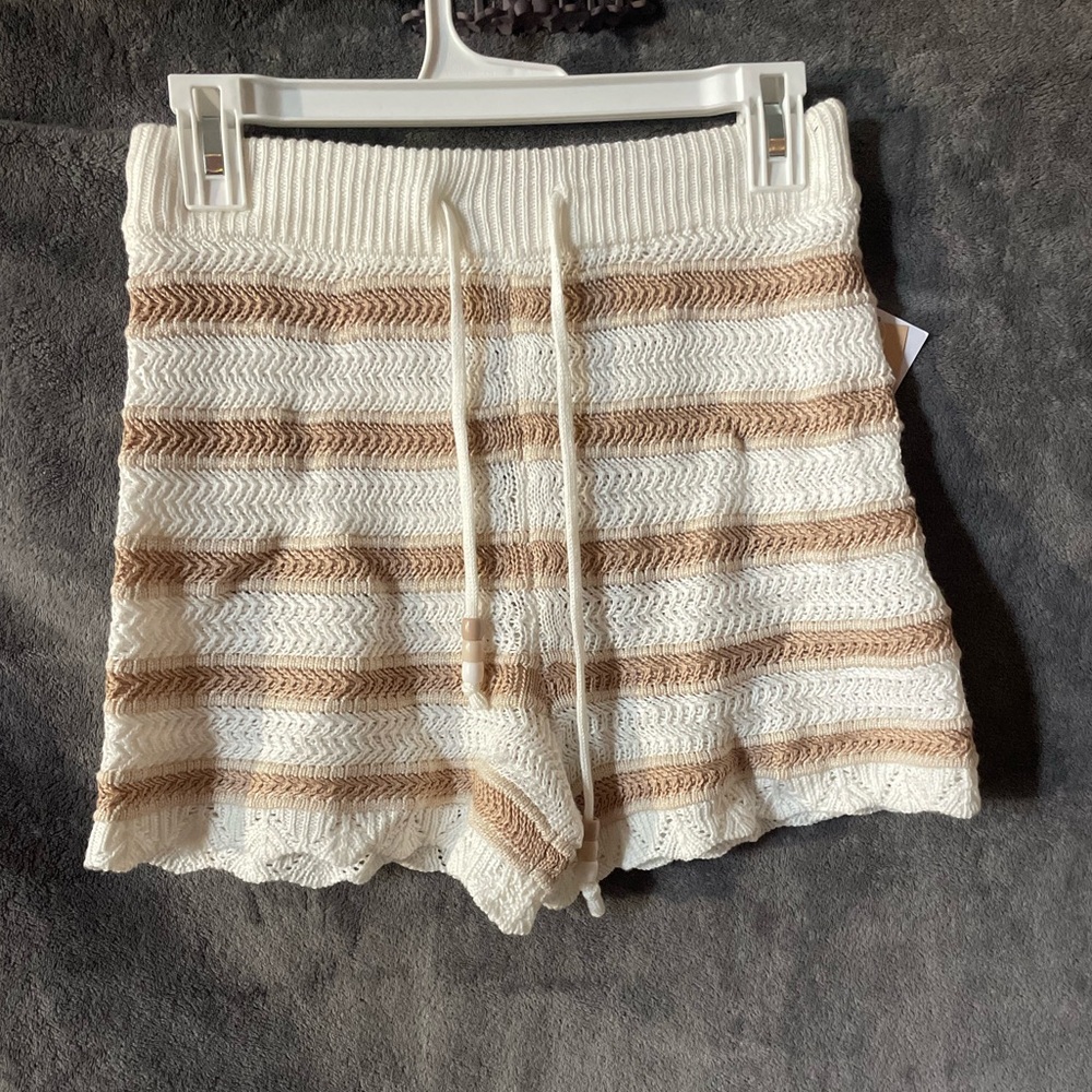 High Waist White and Tan Striped Knit Shorts